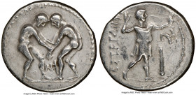 PAMPHYLIA. Aspendus. Ca. 325-250 BC. AR stater (24mm, 12h). NGC Choice VF. Two wrestlers grappling; NK (K retrograde) between / ΕΣΤFΕΔΙIΥ, slinger sta...