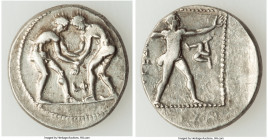 PAMPHYLIA. Aspendus. Ca. 325-250 BC. AR stater (23mm, 10.83 gm, 12h). VF, scratches. Two wrestlers grappling, LΦ between / Slinger standing right; tri...