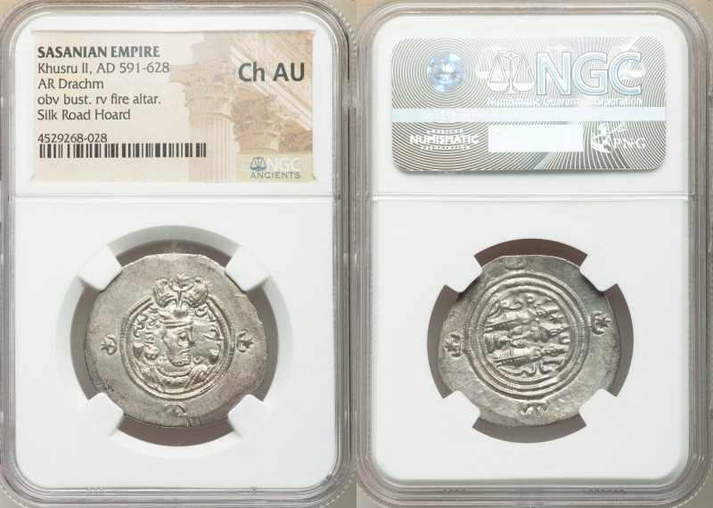 SASANIAN KINGDOM. Khusro II (AD 591-628). AR drachm (31mm, 3h). NGC Choice AU. B...