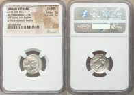 Anonymous. Ca. 211-208 BC. AR victoriatus (18mm, 3.21 gm, 1h). NGC Choice MS 5/5 - 5/5. Laureate head of Jupiter right; dotted border / ROMA, Victory ...