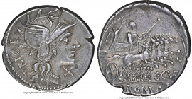 C. Curiatius Trigeminus (142 BC). AR denarius (20mm, 8h). NGC XF, scratches. Rome. TRIGE, helmeted head of Roma right, X (mark of value) below chin/ C...