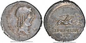 L. Calpurnius Piso Frugi (90 BC). AR denarius (19mm, 3.94 gm, 9h). NGC AU 4/5 - 5/5. Rome. Laureate head of Apollo right; fish(?) below chin / L•PISO•...
