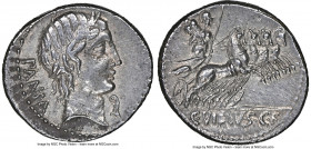 C. Vibius C. f. Pansa (ca. 90 BC). AR denarius (19mm, 5h). NGC XF. Rome. PANSA, laureate head of Apollo right with flowing hair; prow-stem before/ C•V...