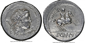 Pub. Crepusius (ca. 82 BC). AR denarius (19mm, 4h). NGC Choice XF. Rome. Laureate head of Apollo right; scepter over shoulder; grasshopper below chin ...