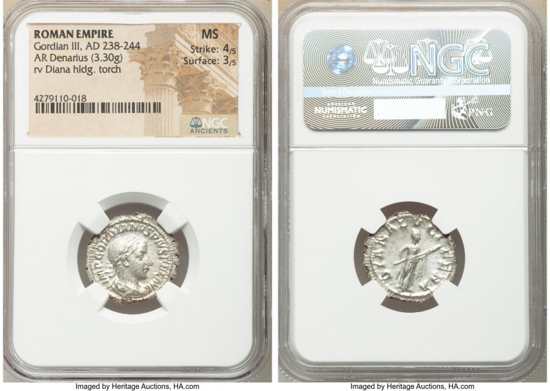 Gordian III (AD 238-244). AR denarius (20mm, 3.30 gm, 1h). NGC MS 4/5 - 3/5. Rom...