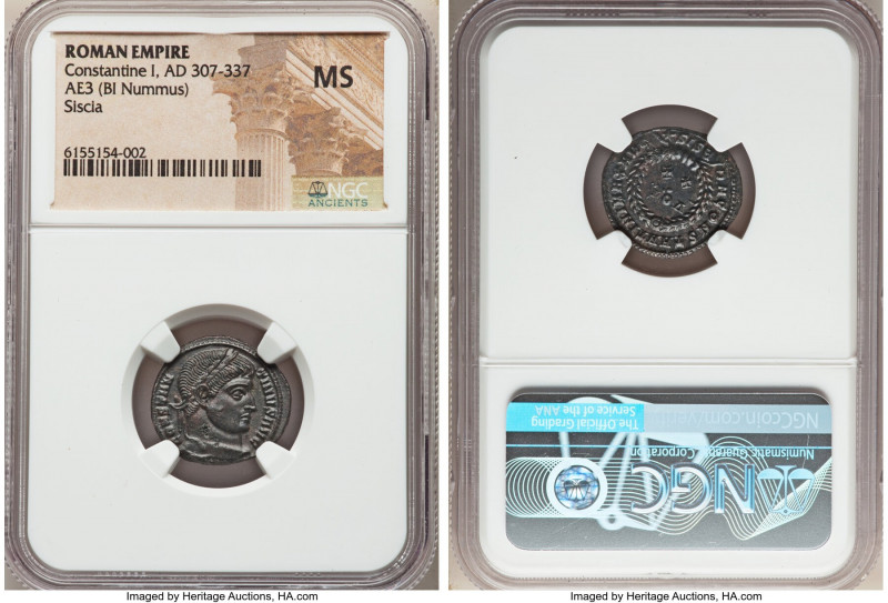 Constantine I the Great (AD 307-337). AE3 or BI nummus (19mm, 1h). NGC MS. Sisci...