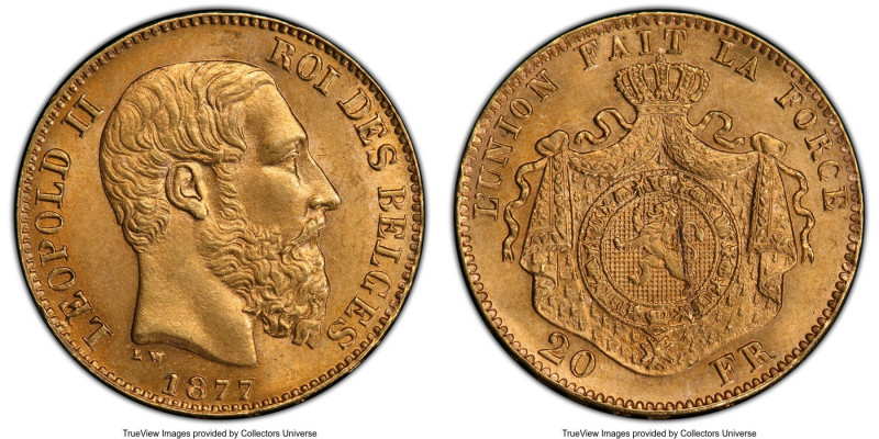 Leopold II gold 20 Francs 1877 MS65 PCGS, KM37. Muted mint bloom, flan defect on...