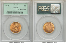 George V gold 5 Dollars 1913 MS63 PCGS, Ottawa mint, KM26. Brilliant red orange with silver-blue toning. AGW 0.2419 oz. 

HID09801242017

© 2020 H...