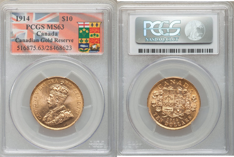 George V gold 10 Dollars 1914 MS63 PCGS, Ottawa mint, KM27. Three year type. Can...
