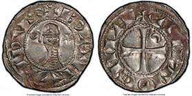 Principality of Antioch. Bohemond III Denier ND (1163-1201) MS62 PCGS, Antioch mint. 17mm. Bohemond III head left, crescent and star either side / Cro...