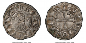 Principality of Antioch. Bohemond III Denier ND (1163-1201) AU58 PCGS, Antioch mint. 18mm. Bohemond III head left, crescent and star either side / Cro...