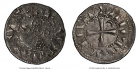 Principality of Antioch. Raymond Roupen Denier ND (1216-1219) AU55 PCGS, Antioch mint. 17mm. Raymond Roupen head left, crescent and star either side /...