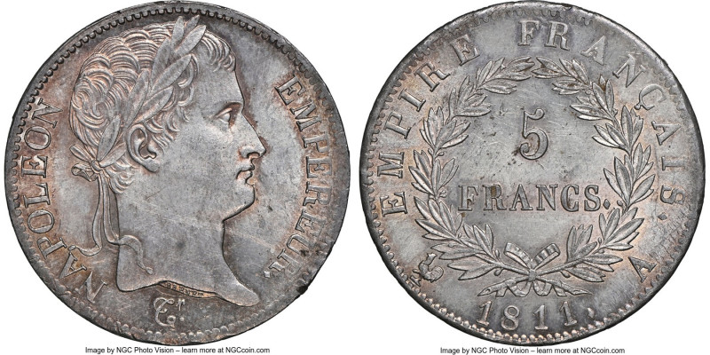 Napoleon 5 Francs 1811-A MS62 NGC, Paris mint, KM694.1. Underlying luster draped...