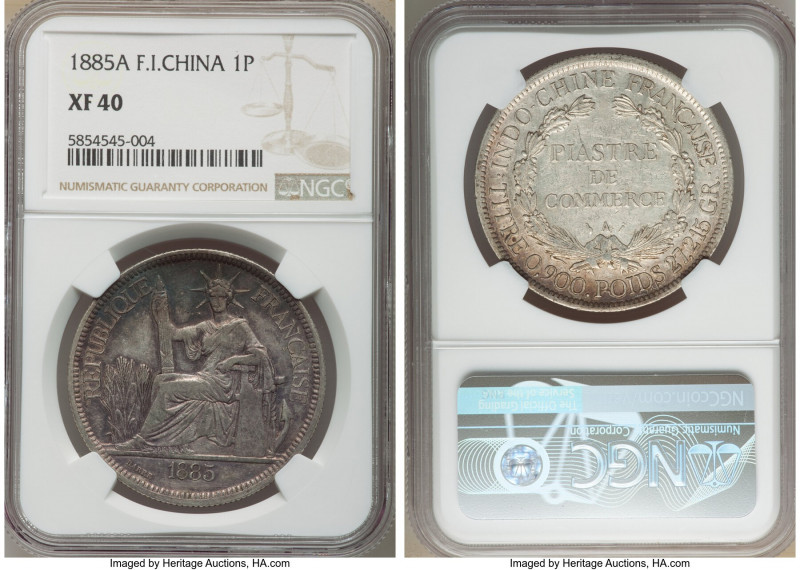 French Colony Piastre 1885-A XF40 NGC, Paris mint, KM5. First year of type. Lave...