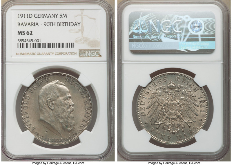 Bavaria. Otto 5 Mark "90th Birthday" 1911-D MS62 NGC, Munich mint, KM999. Struck...