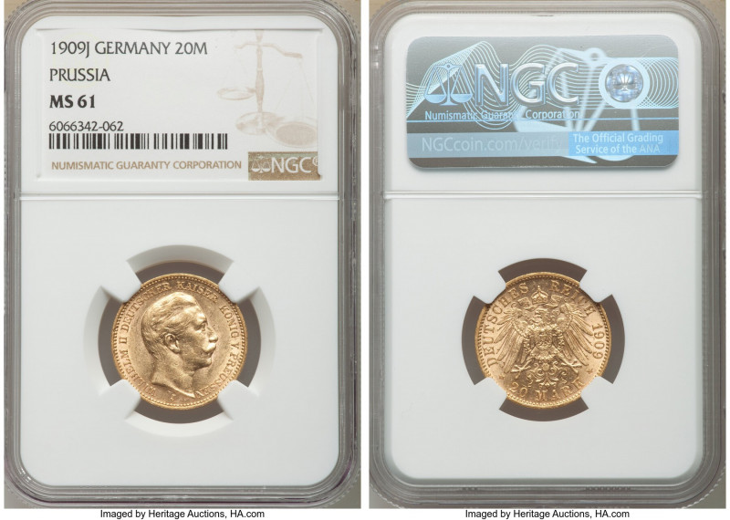 Prussia. Wilhelm II gold 20 Mark 1909-J MS61 NGC, Hamburg mint, KM521. AGW 0.230...