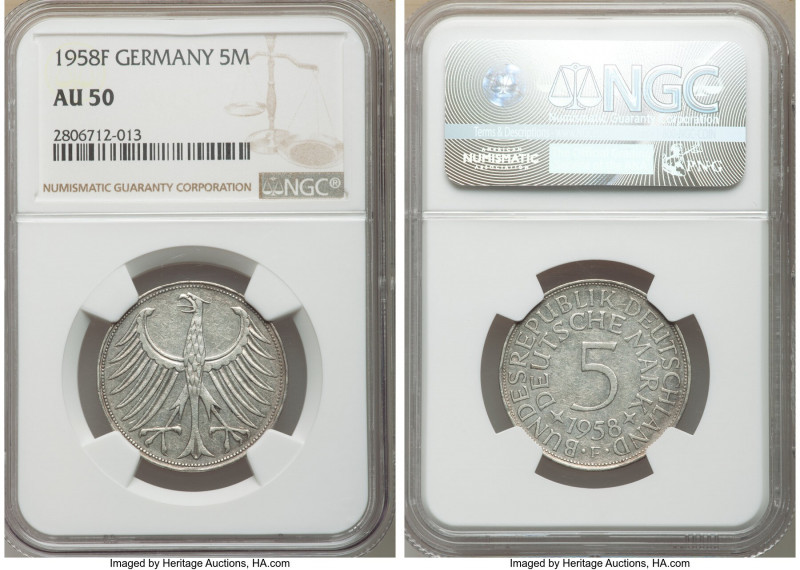 Federal Republic 5 Mark 1958-F AU50 NGC, Stuttgart mint, KM112.1. A Semi-key in ...