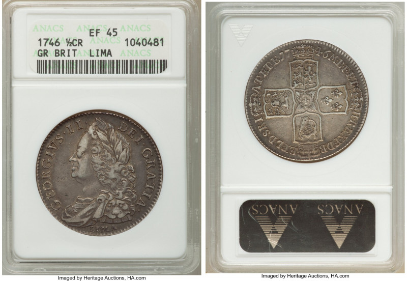 George II "Lima" 1/2 Crown 1746 XF45 ANACS, KM584.3, S-3695. Struck with Spanish...