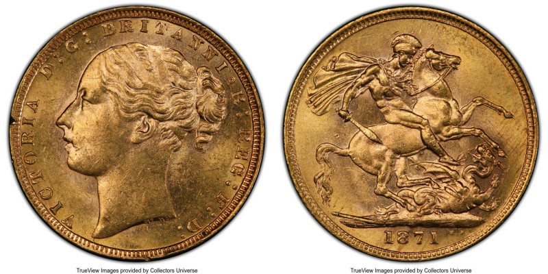 Victoria gold "St. George" Sovereign 1871 MS63 PCGS, KM752, S-3856A. Small BP va...