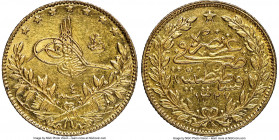 Ottoman Empire. Mehmed V gold 50 Kurush AH 1327 Year 4 (1912/1913) MS61 NGC, Constantinople mint (in Turkey), KM753. AGW 0.1064 oz. 

HID09801242017...