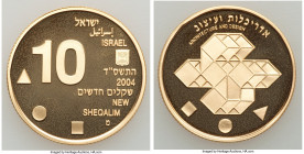 Republic gold Proof 10 New Sheqalim JE 5764 (2004), KM379. Mintage: 555. Artists of Israel Series - Architecture and Design: Yarom Vardimon. Includes ...