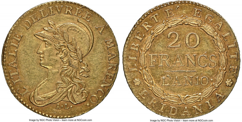 Piedmont. Subalpine Republic gold 20 Francs L'An 10 (1801/1802) AU58 NGC, Turin ...