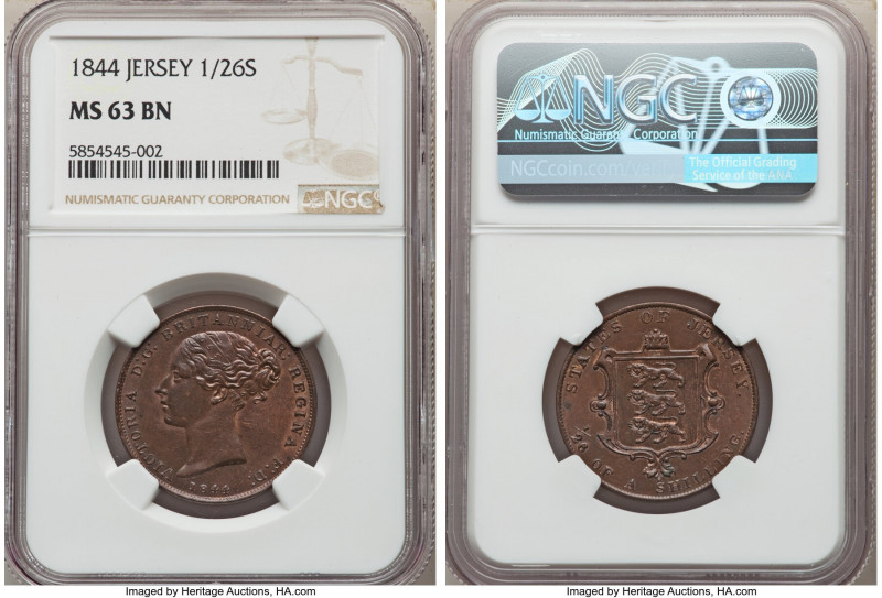 British Dependency. Victoria 1/26 Shilling 1844 MS63 Brown NGC, KM2. Cordovan br...