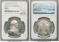 Charles IV silver "Veracruz Proclamation" Medal 1789 MS62 NGC, Grove -C-252. 41mm. By Geroni Antonio Gil. CAROLUS IV D G HISPAN ET INDIA His uniformed...