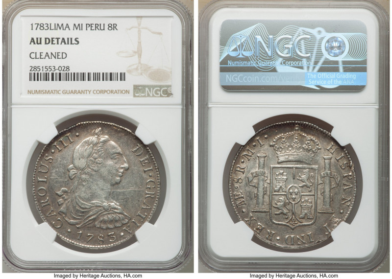 Charles III 8 Reales 1783 LM-MI AU Details (Cleaned) NGC, Lima mint, KM78.

HI...