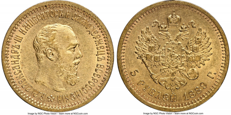 Alexander III gold 5 Roubles 1889-AГ AU58 NGC, St. Petersburg mint, KM-Y42, Fr-1...