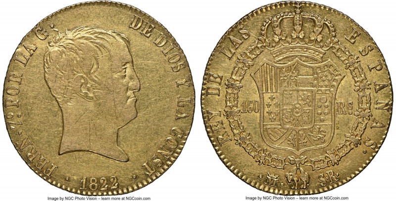 Ferdinand VII gold "De Vellon" 160 Reales 1822 M-SR AU53 NGC, Madrid mint, KM565...