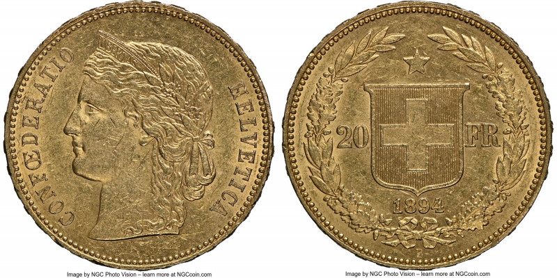 Confederation gold 20 Francs 1894-B MS62 NGC, Bern mint, KM31.3. AGW 0.1867 oz. ...