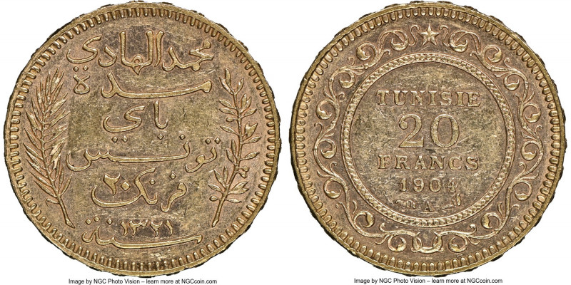 Muhammad al-Hadi Bey gold 20 Francs AH 1321 (1904)-A AU58 NGC, Paris mint, KM234...