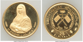 Sharjah gold Proof 25 Riyals AH 1389 (1970), KM7. 21mm. 5.14gm. Mintage: 6,775. Mona Lisa. Deep mirror fields, frosted devices. 

HID09801242017

...
