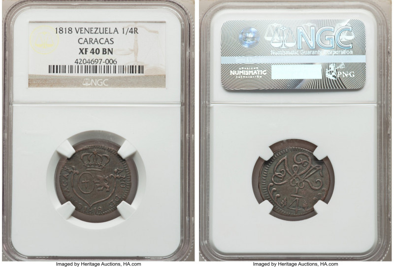 Caracas. Provincial 1/4 Real 1818 XF40 Brown NGC, KM-C2. Royalist coinage issue....