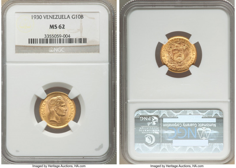 Republic gold 10 Bolivares 1930-(p) MS62 NGC, Philadelphia mint, KM-Y31. AGW 0.0...