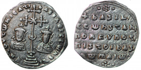 Byzantine Emipre. Basil II Bulgaroktonos, with Constantine VIII. 976-1025. AR Miliaresion (21mm, 2.44g). Constantinople mint. ЄҺ TOVTω ҺICAT ЬASILЄI C...