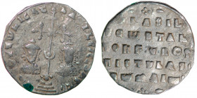 Byzantine Emipre. Basil II Bulgaroktonos, with Constantine VIII. 976-1025. AR Miliaresion (20mm, 2.04g). Constantinople mint. ЄҺ TOVTω ҺICAT ЬASILЄI C...