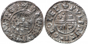 England. Aethelred II. 978-1016. AR Penny (20mm, 1.22g, 4h). Crux type (BMC iiia, Hild. C). Colchester mint; moneyer Wulfric. Struck circa 991-997. + ...
