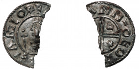 England. Aethelred II 978-1016. AR Half Penny (11mm, 0.65g). Crux type (BMC iiia, Hild. C). York mint; moneyer Thorsteinn(?). Struck circa 991-997. +[...