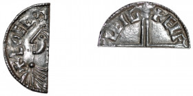 England. Aethelred II. 978-1016. AR Half Penny (10mm, 0.87g). Long Cross type (BMC IVa, Hild. D). Chester mint; moneyer Ælfwine(?). Struck circa 997-1...