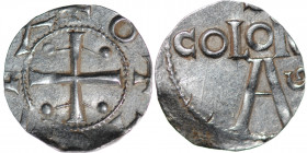 Germany. Cologne. Otto III 983-1002. AR Denar (16mm, 1.40g). Cologne mint. +OTT[O] REX, cross with pellets in each angle / S / [CO]LONIA / A G, Cologn...