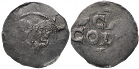 Germany. Remagen. Heinrich III 1039-1056. AR Denar (19mm, 1.51g). [+]RI[GEMAGO], two adjacent busts facing (Saint Simon & Saint Judas?) / SCA / COLO /...