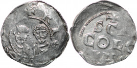 Germany. Remagen. Heinrich III 1024-1039. AR Denar (20mm, 1.35g). Remagen mint. +RIG[EMAGO], adjacent busts (of Simon and Judas?) facing / + / SCA / C...