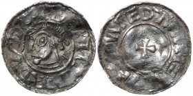 Germany. Saxony. Bernhard I 973-1011. AR Denar (19mm, 1.47g). Bardowick (or Lüneburg or Jever?) mint. BERNHARDVS DVX, diademed and draped bust left / ...