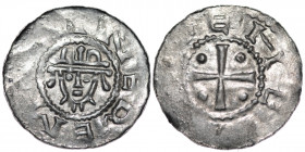 Germany. Saxony. Hermann 1059-1086. AR Denar (19mm, 0.77g). Jever mint. [+]NEREM[ON], crowned head facing / [+C]EHE[REI], cross with pellet in each an...