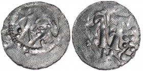 Germany. Diocese Bremen. Adalbert 1043-1066. AR Denar (17mm, 1.04g). Head left with scepter in front / Two keys, six pellets. Jesse 62 var; Dbg. 1777 ...