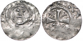 Germany. Archdiocese of Magdeburg. Anonymous c. 1050. AR Denar (18mm, 1.12g). Gittelde mint. Head of saint / Cross, in angles possible alpha and omega...