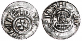 Germany. Archdiocese of Magdeburg. Giselher 981-1004. AR Denar (17mm, 1.11g). Magdeburg mint. Church facade / small cross pattee. Dbg. 643. Very Fine.