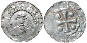 Germany. Mainz. Heinrich II 1002-1024. AR Denar (18mm, 1.70g). +MO[GNC]IA, bust facing / [__]HV[__], cross with pellets in each angle. Dbg. 802 var; K...